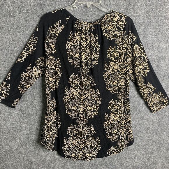 Lucky Brand Rayon Pullover Top Women M Black Tan Design  Hi Low Scoop Neck W/Key - Picture 6 of 12